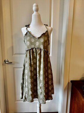 Patrons of Peace Olive Green Babydoll Prairie Boho Sundress Ruffle Mini Dress S